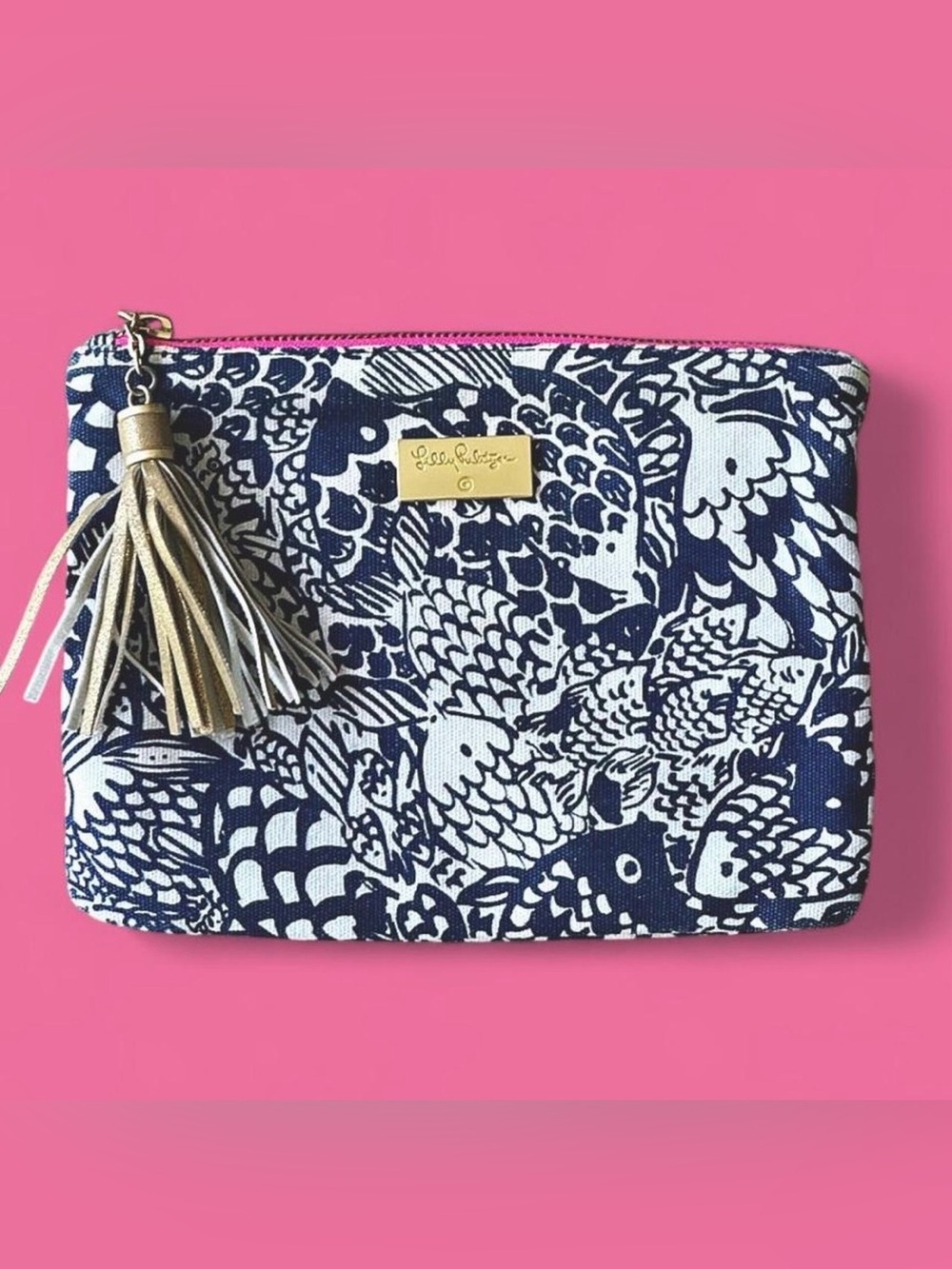 Lilly Pulitzer Navy & White Fish Print Wristlet with Gold Tassel